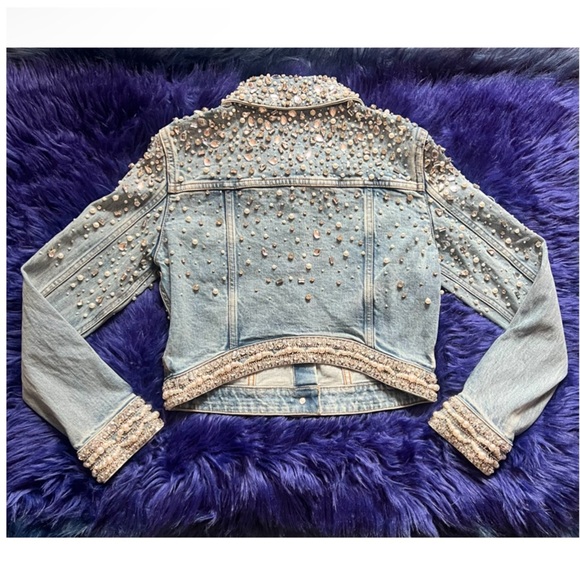 New! Alice & Olivia Nelson Crystal & Pearl Embellished Denim Jacket - Picture 10 of 12